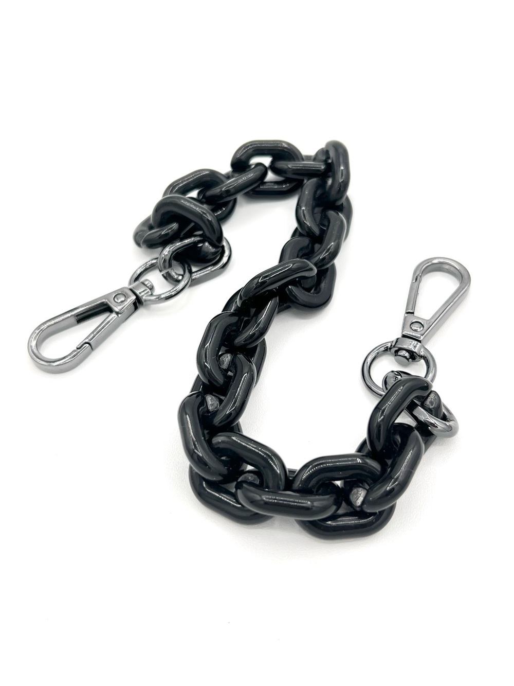 Chunky Chain Bag Strap with Silver Tone Clips in Black Acrylic